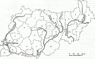 Карта Костромской области. Административно-территориальное деление.