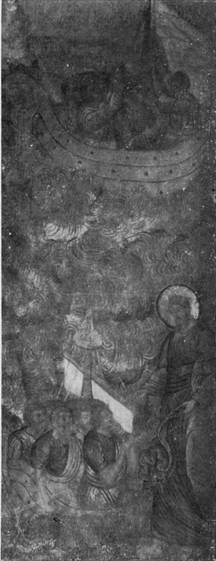 Фрески на откосе среднего окна западной стены Троицкого собора. Апостолы в лодке
