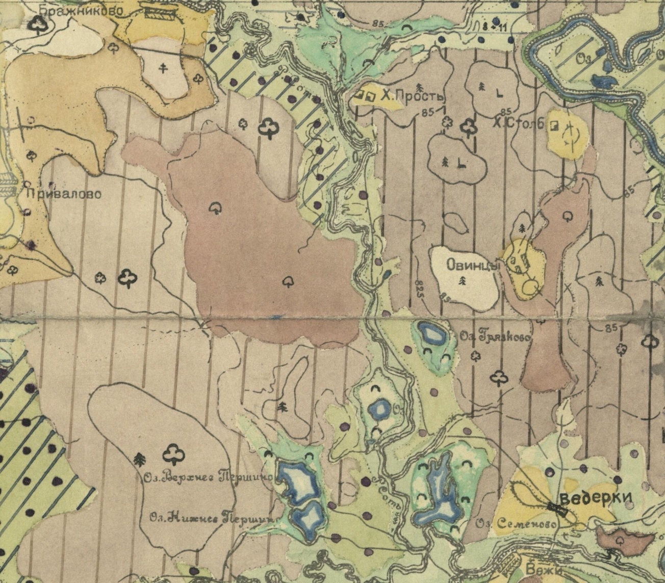  Фрагмент карты С.М. Тазьба между деревнями Привалово и Овинцами