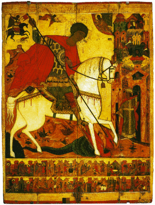   На иконе изображен молодой воин на белом коне с копьем в руках