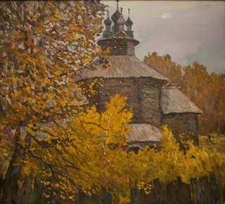 Осень на пейзажах. Деревянная церковь в честь Собора Пресвятой Богородицы. Russian artists