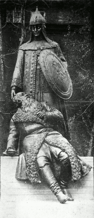 Фрагмент памятника, скульптура М. Романов и И. Сусанин. Снимок 1913 года,С-Пб,Набережная Обводного канала,д.80.